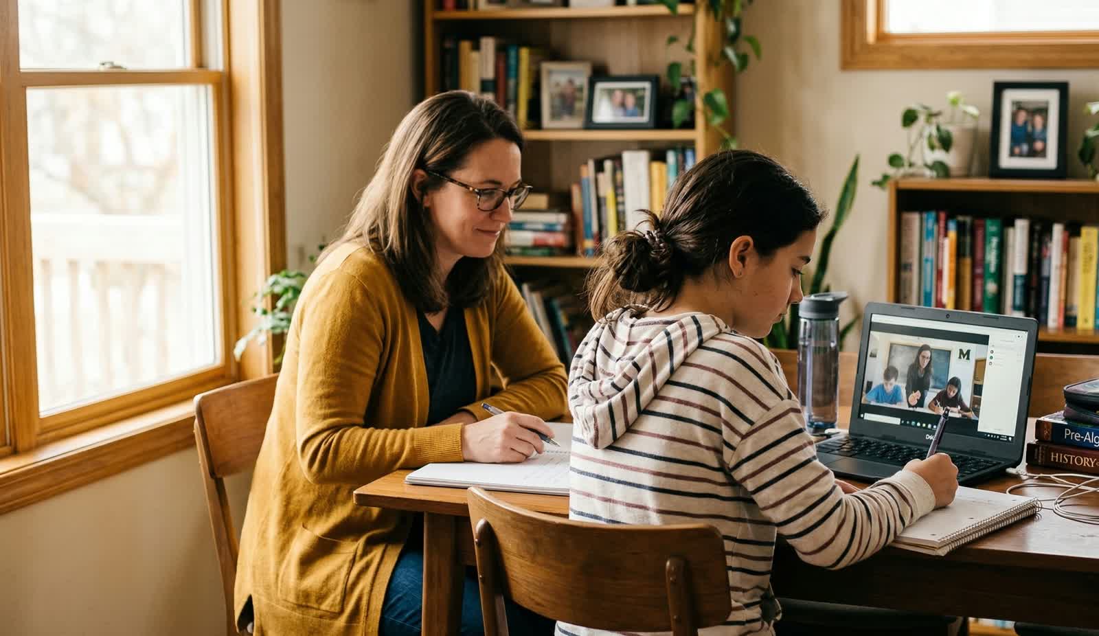 Familia y estudiante compartiendo un momento de acompanamiento escolar en casa