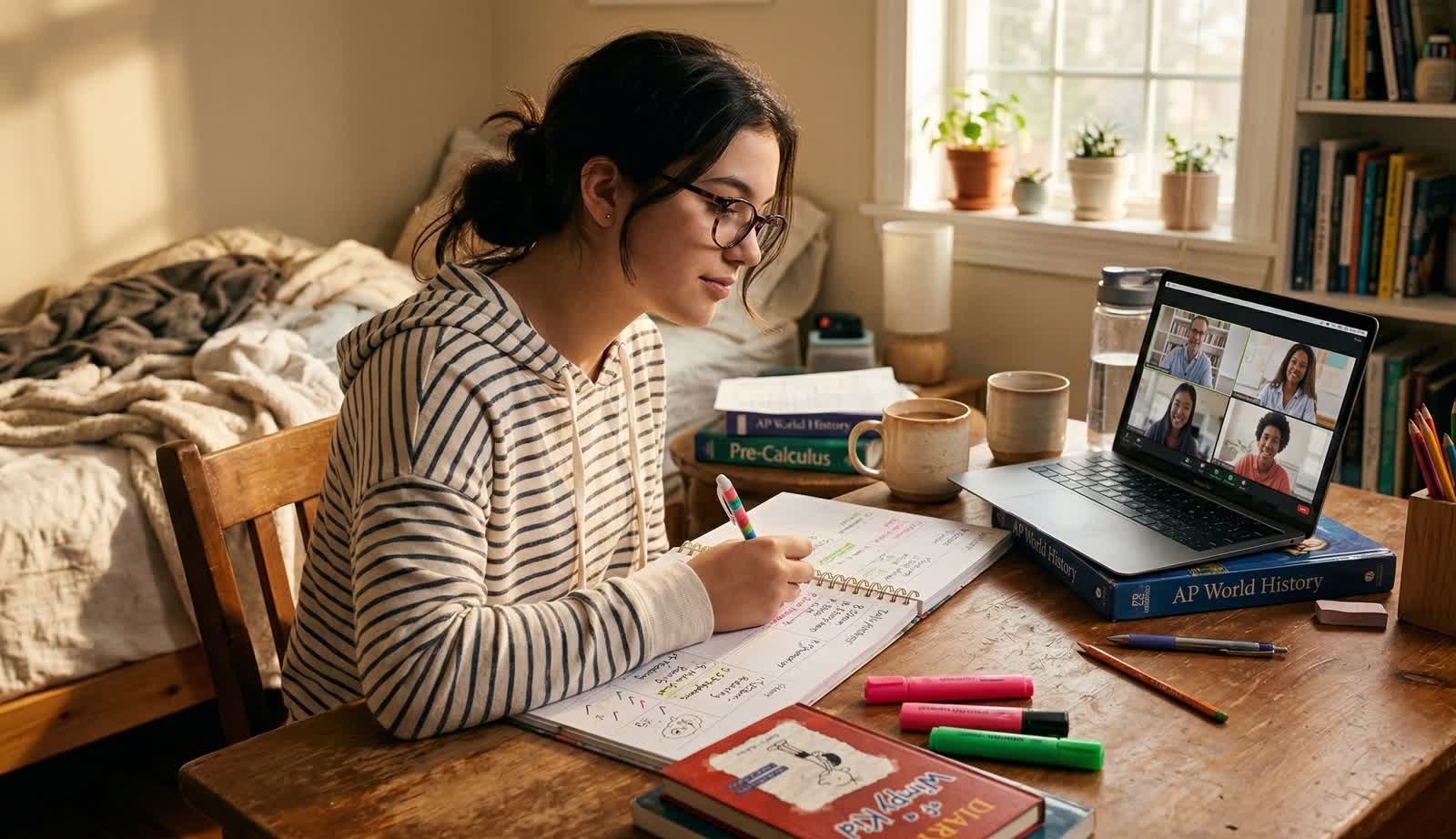Escena cotidiana de un dia de estudio en GVS con acompanamiento y trabajo academico